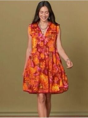 V-Neck Floral Tiered Mini Dress in Orange and Pink